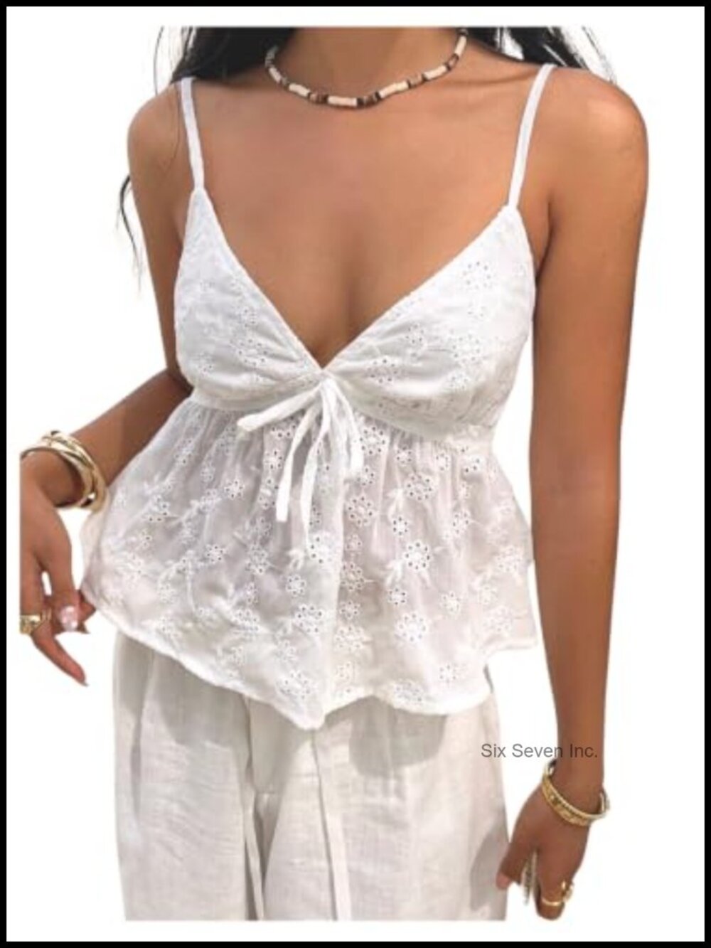 Boho Peplum Crop Top V Neck Floral Eyelet Cami Sleeveless Tie Front